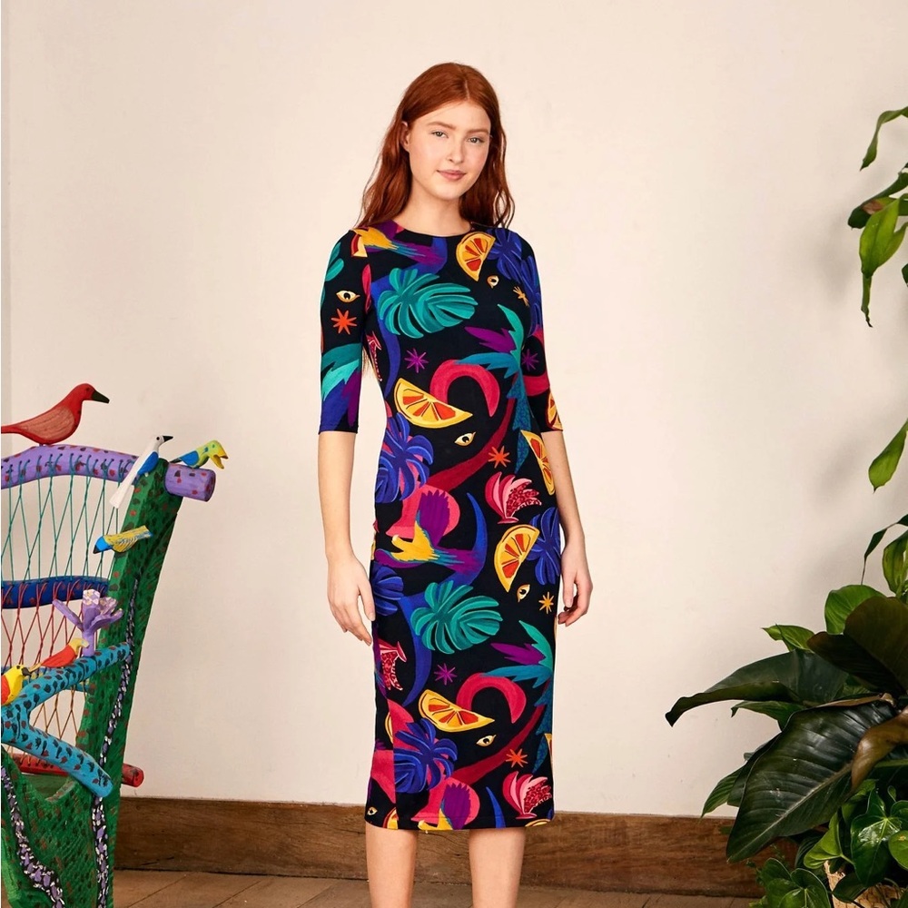 Farm Rio Jungle Black 3/4 Sleeve Midi Dress size S